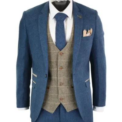 Marc Darcy Dion – Mens Blue Tan Brown 3 Piece Herringbone Tweed Check Vintage Tailored Fit Suit