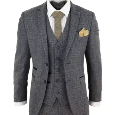 Mens 3 Piece Tweed Check Suit – Navy Blue