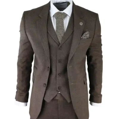 Men’s Brown Herringbone Tweed 3 Piece Suit