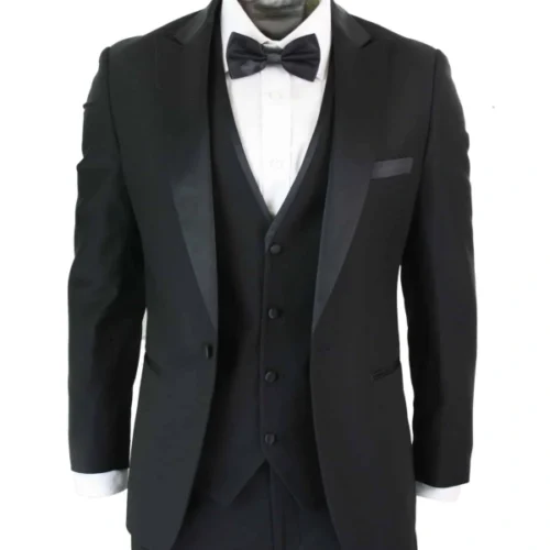 Paul Andrew Regent Black – Mens 3 Piece Black Classic Satin Tuxedo Dinner Suit Tailored Fit Wedding Prom